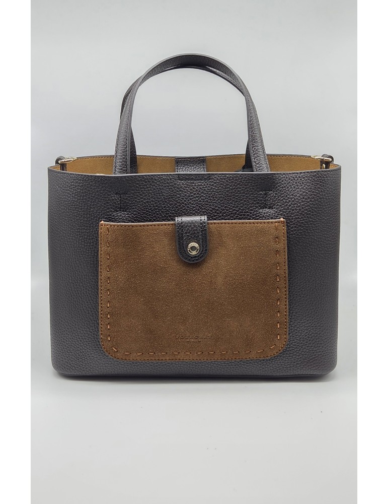 SAC PORTE MAIN CUIR / DAIM MARRON GOLD - POURCHET