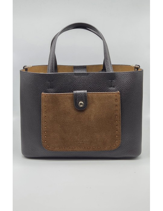 SAC PORTE MAIN CUIR / DAIM MARRON GOLD - POURCHET