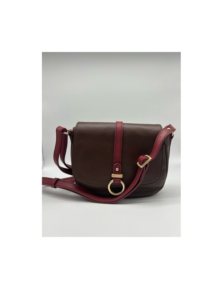SAC BANDOULIERE CUIR CHOCOLAT FRAMBOISE - HEXAGONA