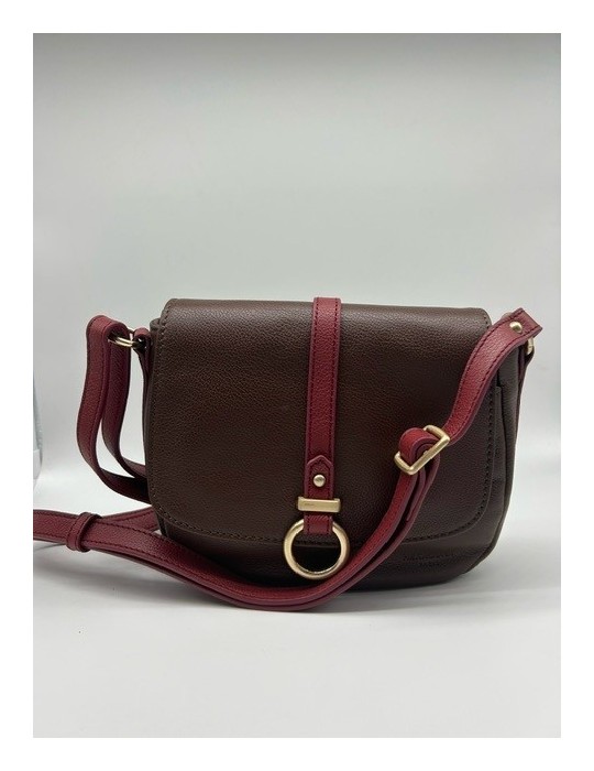 SAC BANDOULIERE CUIR CHOCOLAT FRAMBOISE - HEXAGONA