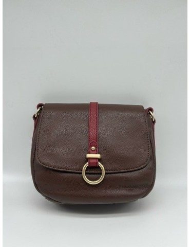 SAC BANDOULIERE CUIR CHOCOLAT FRAMBOISE - HEXAGONA