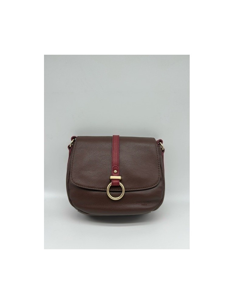 SAC BANDOULIERE CUIR CHOCOLAT FRAMBOISE - HEXAGONA