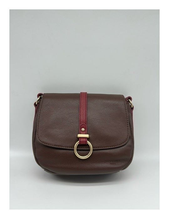 SAC BANDOULIERE CUIR CHOCOLAT FRAMBOISE - HEXAGONA
